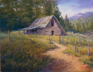 painting mountain cabin by Peggy Bingham