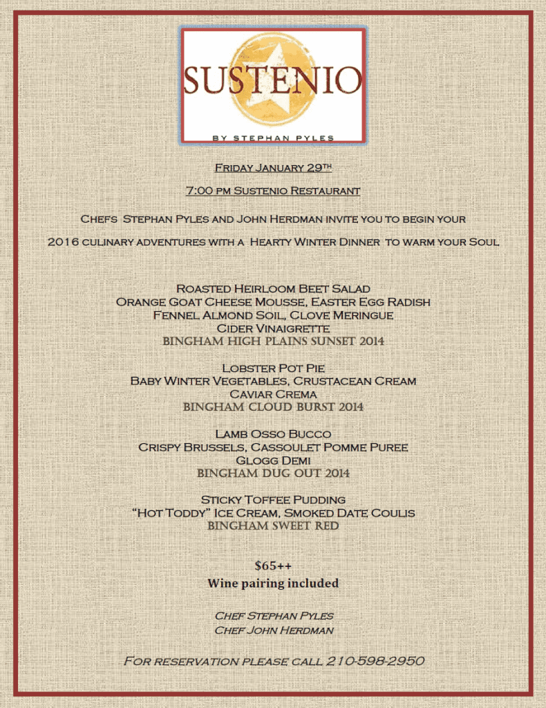 Sustenio wine dinner menu