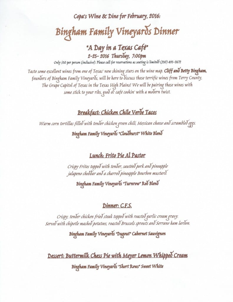 Copa Wine Dinner | Bingham Family Vineyards Copa Wine Bar presents: "A Day in a Texas Cafe"