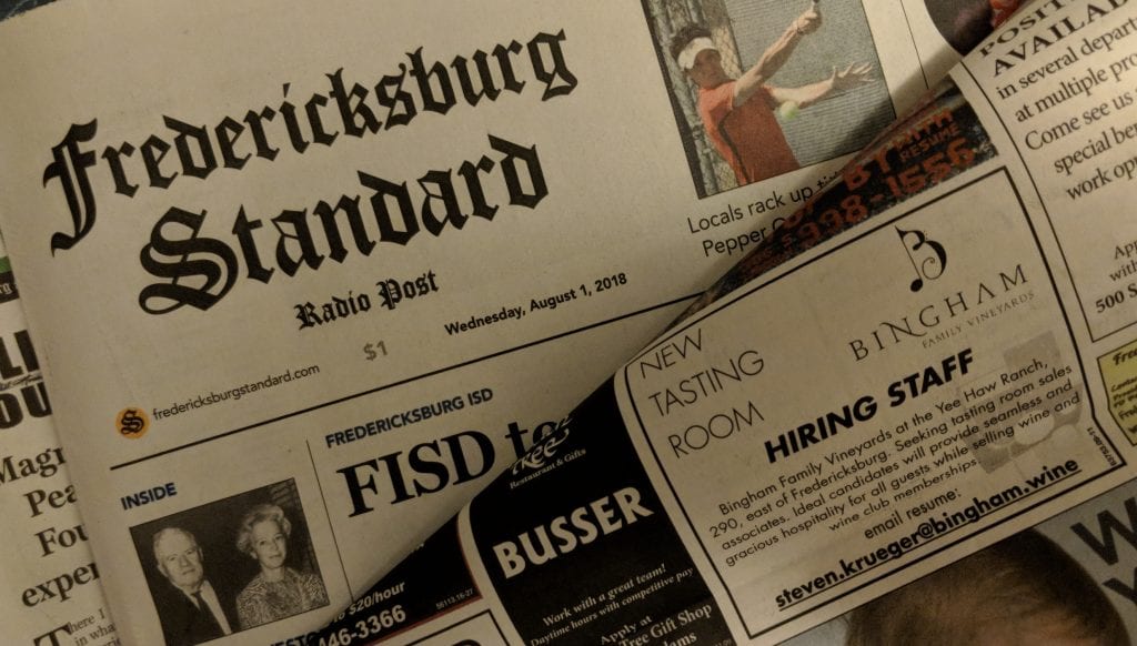 Fredericksburg standard radio post, Bingham family vineyards hiring add