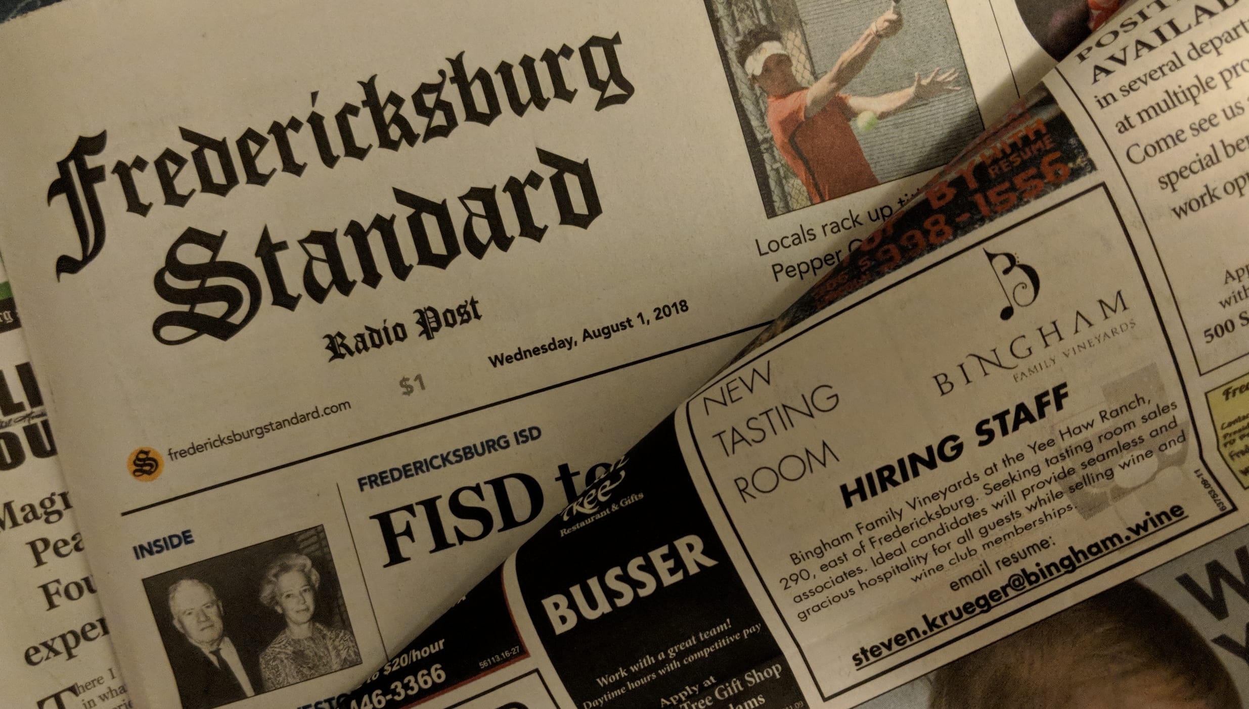 HiringFredPaper | Bingham Family Vineyards Fredericksburg standard radio post, Bingham family vineyards hiring add