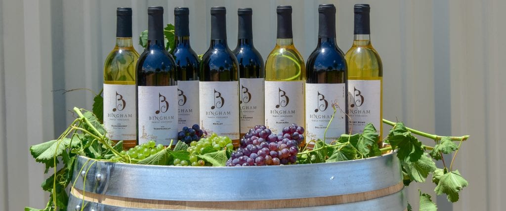 Bingham family vineyards wines on a barrel