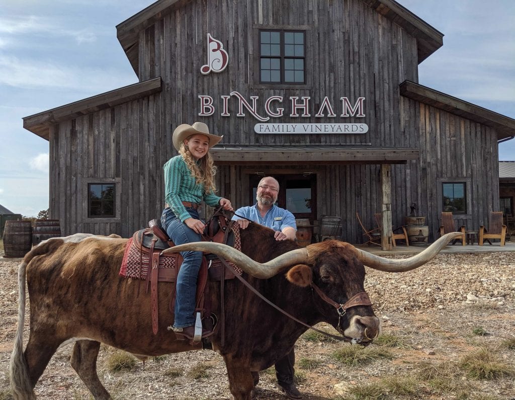 girl on cow in front of bingham family vineyards Fredericksburg tasting room store front