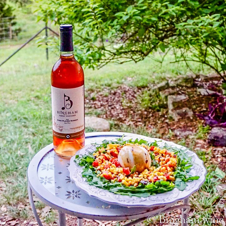 20.05.02_@ShannonBrown_002.1200.web.1x1 | Bingham Family Vineyards d'oeuvre on a plate bottle of 2018 high plains sunset and glass