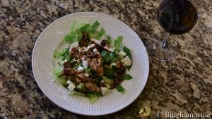 chicken salad with bottle bingham glass of wine