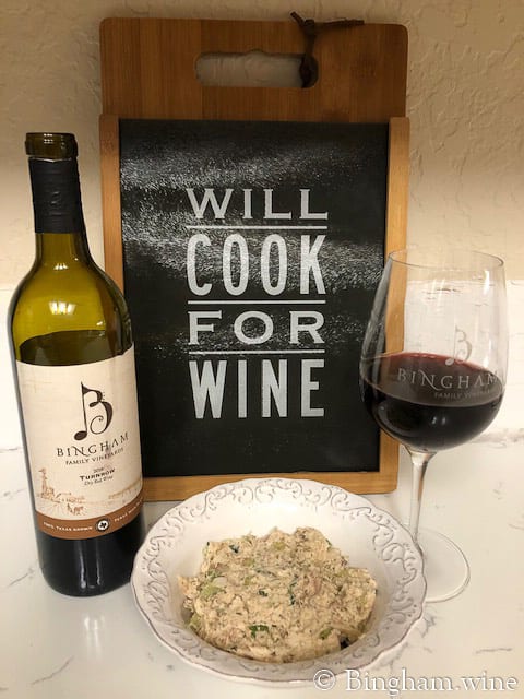 Turnrow-with-chicken-salad.1200.web_.1x1 | Bingham Family Vineyards Chicken salad with a bottle of bingham family vineyard turnrow and glass