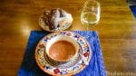 tomato gazpacho and bread rolls with a glass of vermentino