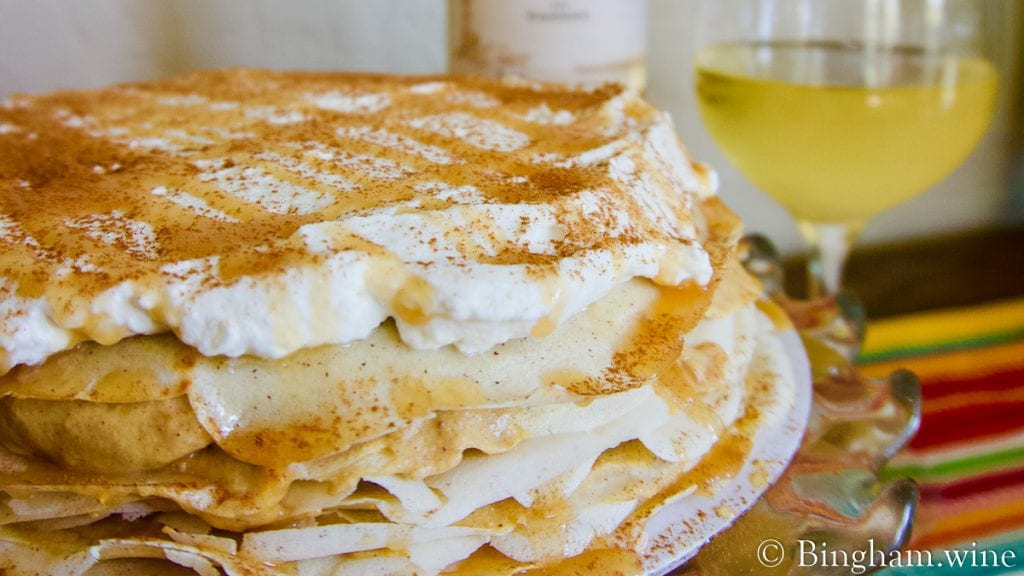 pumpkin crape cake with bingham family vineyards 2018 Viognier and glass of wine
