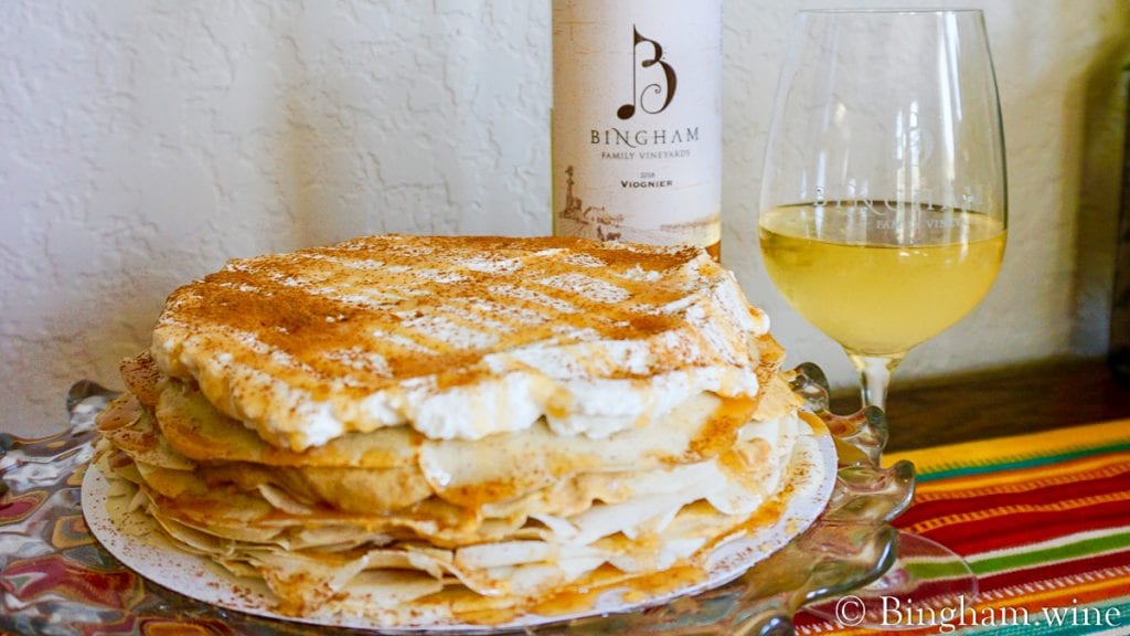 20.10.04_18Viognier.PumpkinCrepeCake_002-1200-web-16x9-1 | Bingham Family Vineyards pumpkin crape cake with bingham family vineyards 2018 Viognier and glass of wine