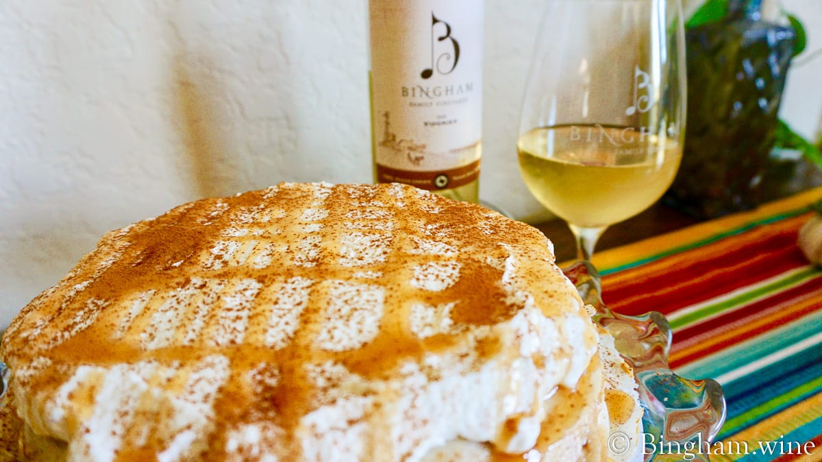 20.10.04_18Viognier.PumpkinCrepeCake_004-1200-web-16x9-1 | Bingham Family Vineyards pumpkin crape cake with bingham family vineyards 2018 Viognier and glass of wine