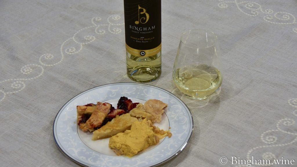 20.11.26_19MoscatoGialloDesserts_006-1200-web-16x9 | Bingham Family Vineyards plate of desserts bottle of bingham family vineyards 2019 moscato giallo and glass of wine