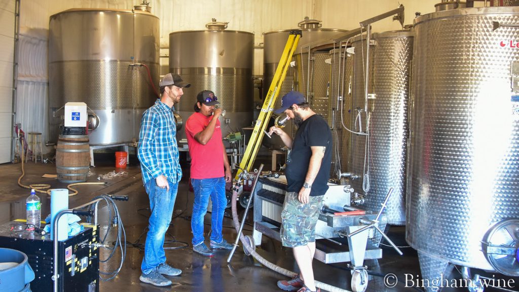 21.07.09_winery_003-1200-web-16x9-1 | Bingham Family Vineyards Sam Jennings, Daniel Bingham, and Rogelio Orocio filtering and tasting wine at Bingham Family Vineyards Winery, Meadow, Texas.