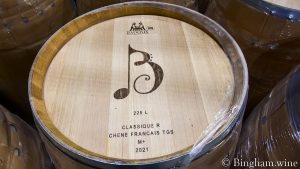Barrels with Bingham Family Vineyards logo on lid