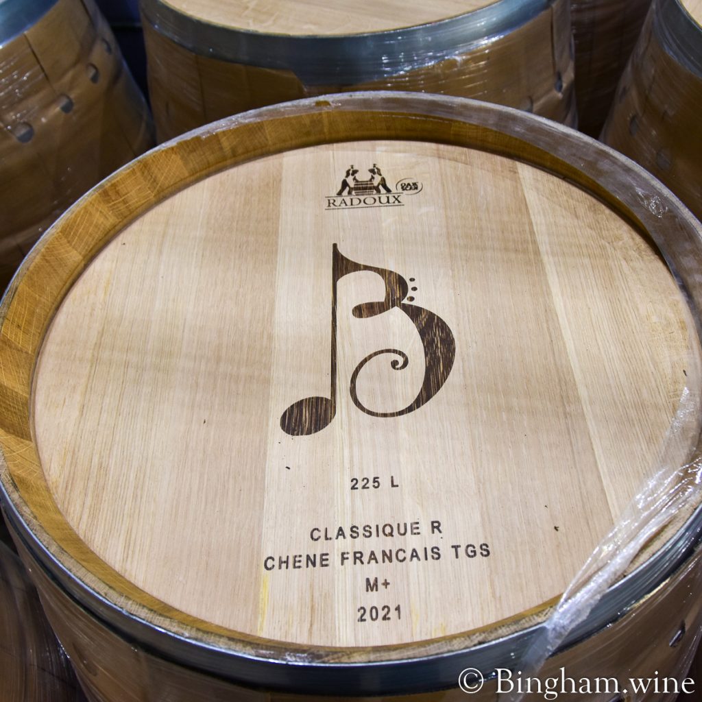 wine barrel with Bingham Family Vineyards logo