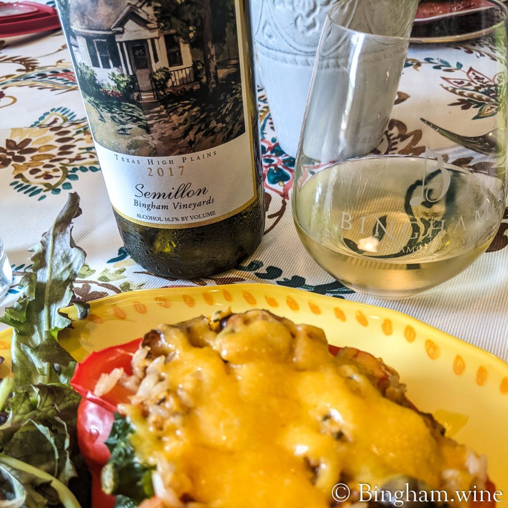 PXL_20210806_172659144.1200.web_.1x1 | Bingham Family Vineyards bottle of wine and glass with a plate of food