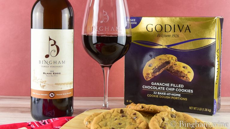 Bingham Family Vineyards 2019 Blake Eddie, semi-sweet wine, paired with Godiva chocolate cookies