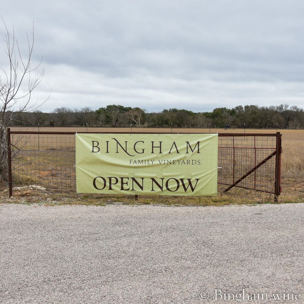 Sign at Bingham Family Vineyards, Hye, Texas location.