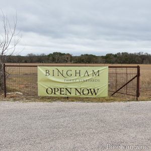 Sign at Bingham Family Vineyards, Hye, Texas location.