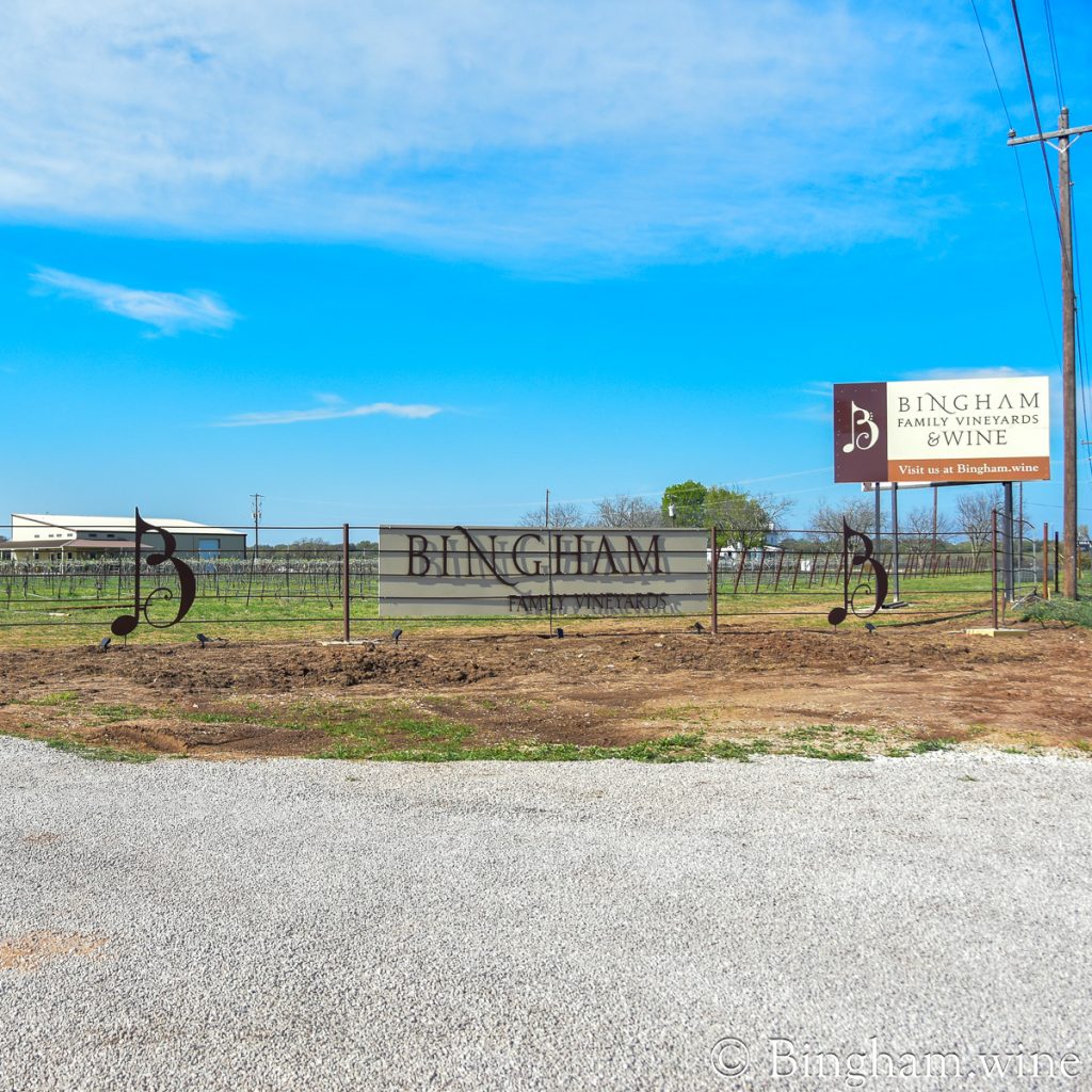 Fence sign at Bingham Family Vineyards Hye, Texas
