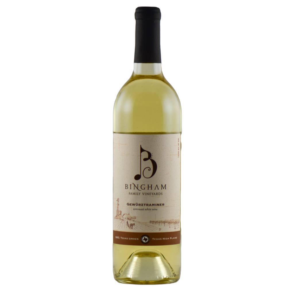 Gewurztraminer | Bingham Family Vineyards Bottle of Bingham Family Vineyards 2022 Gewurztraminer, a semi-sweet white wine