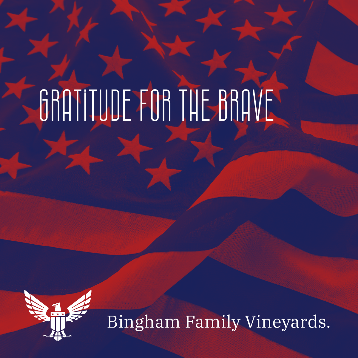 We at Bingham Family Vineyards salute those who have served and are serving bravely for our freedom. Gratitude for the Brave with flag in background