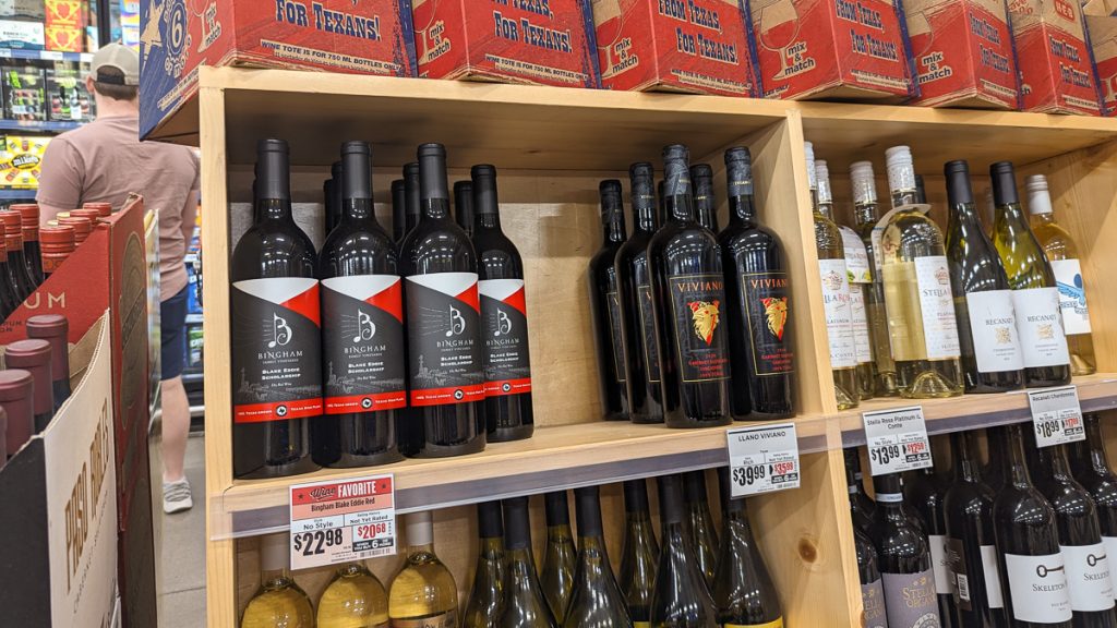 04112024-1200-web-16x9-001 | Bingham Family Vineyards Blake Eddie Scholarship wine bottles on shelf at HEB in Lubbock, Texas