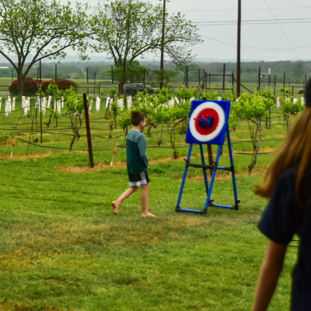 240408_HyeEclipse_0541200web1x1 | Bingham Family Vineyards child throwing yard darts at the solar eclipse on April 8, 2024 at Bingham Family Vineyards, Hye, Texas