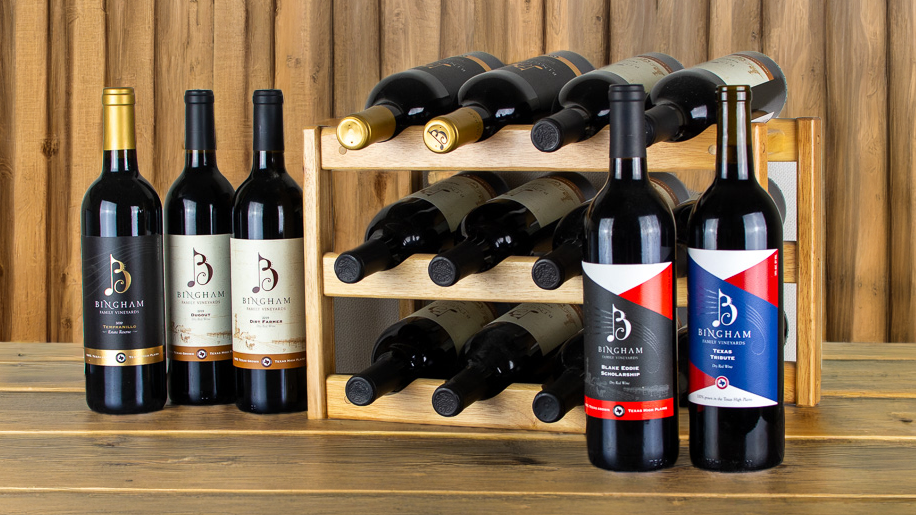 assortment of Bingham Family Vineyards red wine bottles
