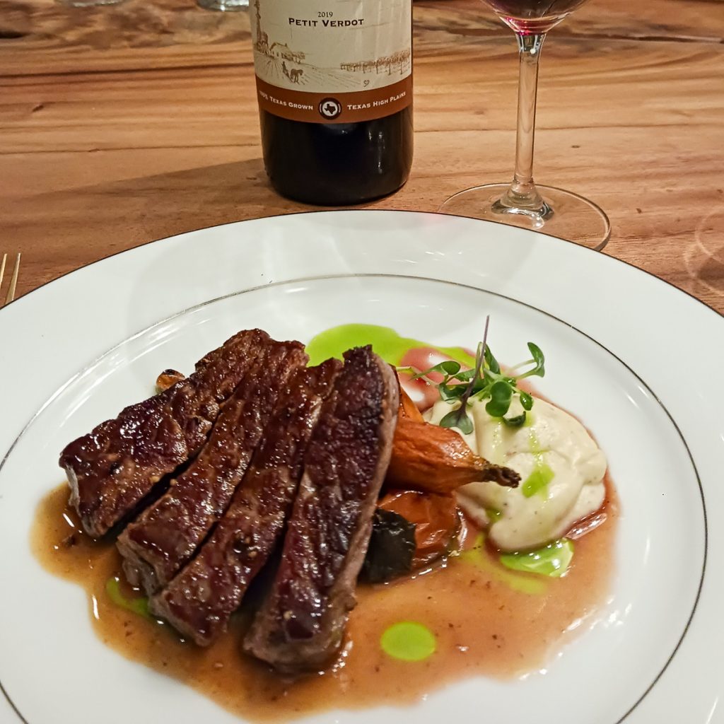 One course of wine and food paired dinner at Chef House, Roanoke, Texas. A five course dinner with wine from Bingham Family Vineyards.