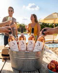 Four rose wines 4x5 | Bingham Family Vineyards People enjoying outdoor patio with four Bingham Family Vineyards rose wines in an ice bucket