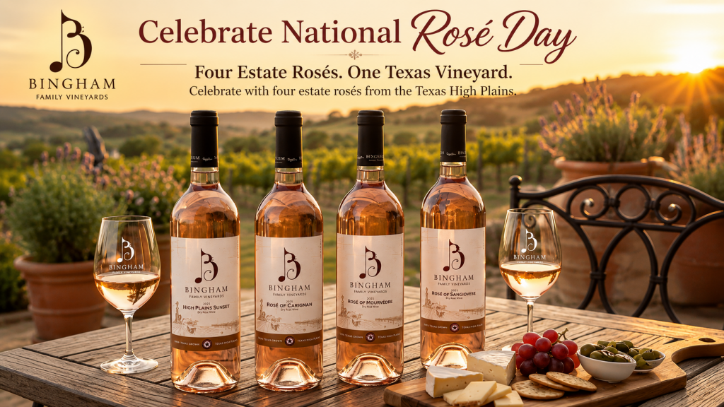 Celebrate National Rose' Day with Bingham Family Vineyards, four bottles lined up with a sunset in the background and cheese an fruit plate in front.
