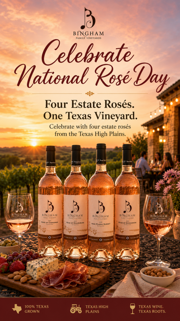 Celebrate National Rose' Day with Bingham Family Vineyards, four bottles lined up with a sunset in the background and cheese an fruit plate in front.