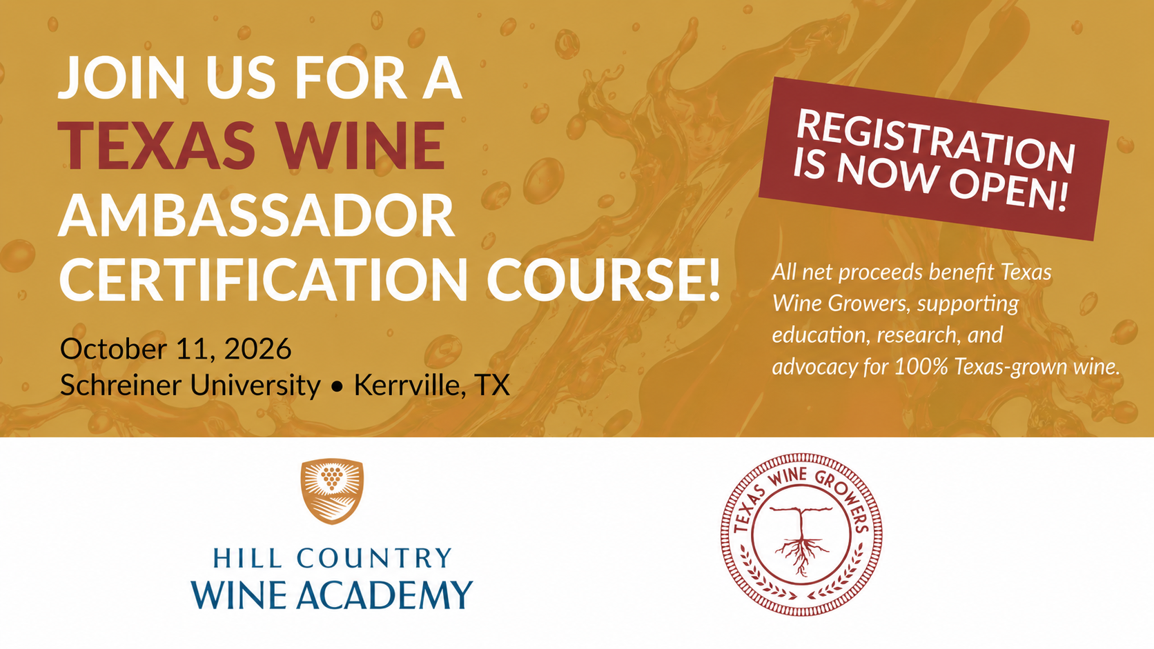 Registration is now open for the Texas Wine Ambassador Certification Course on October 11, 2026, at Schreiner University in Kerrville, Texas.