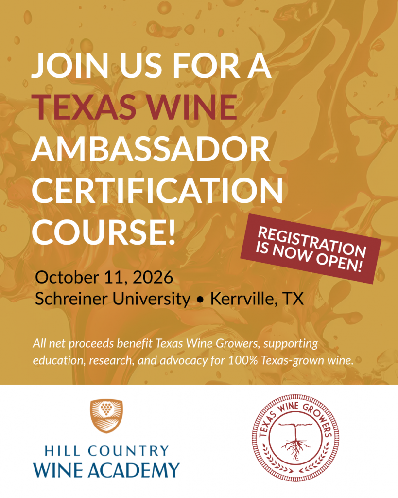 Promotional graphic for the Texas Wine Ambassador Certification Course at Schreiner University in Kerrville, Texas, on October 11, 2026.