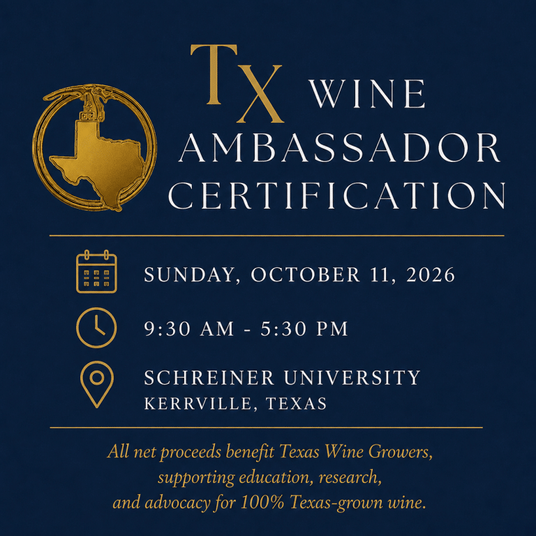 Texas Wine Ambassador Certification logo representing education and advocacy for wines made from 100% Texas-grown grapes.