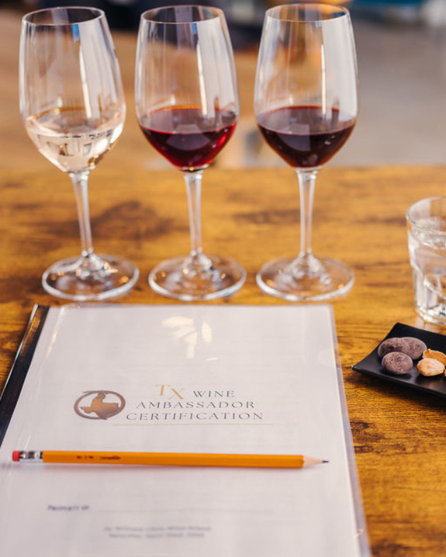 Participants evaluate Texas wines during a guided tasting as part of the Texas Wine Ambassador Certification course.