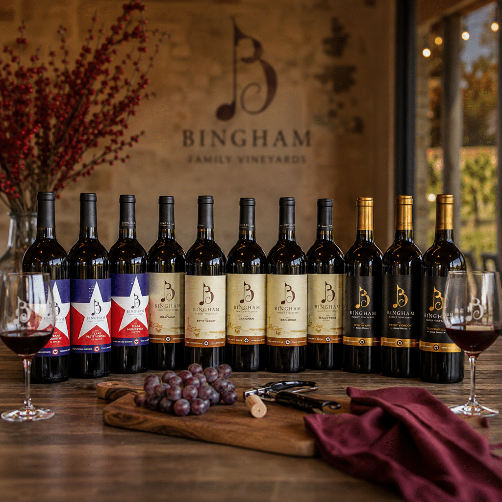 Selection of Bingham Family Vineyards Texas red wines with two glasses of red wine, grapes, and the Bingham logo in the background.