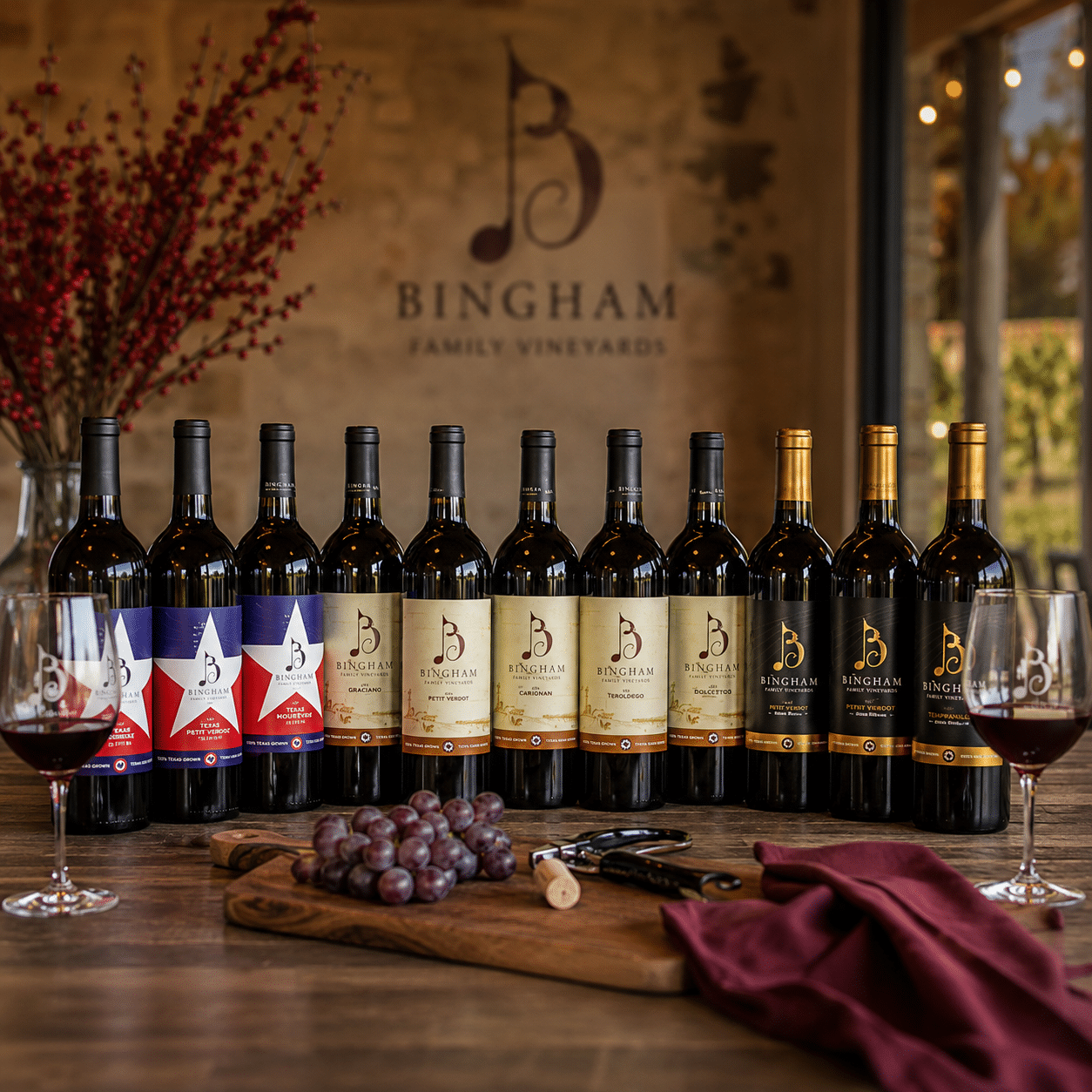 Selection of Bingham Family Vineyards Texas red wines with two glasses of red wine, grapes, and the Bingham logo in the background.