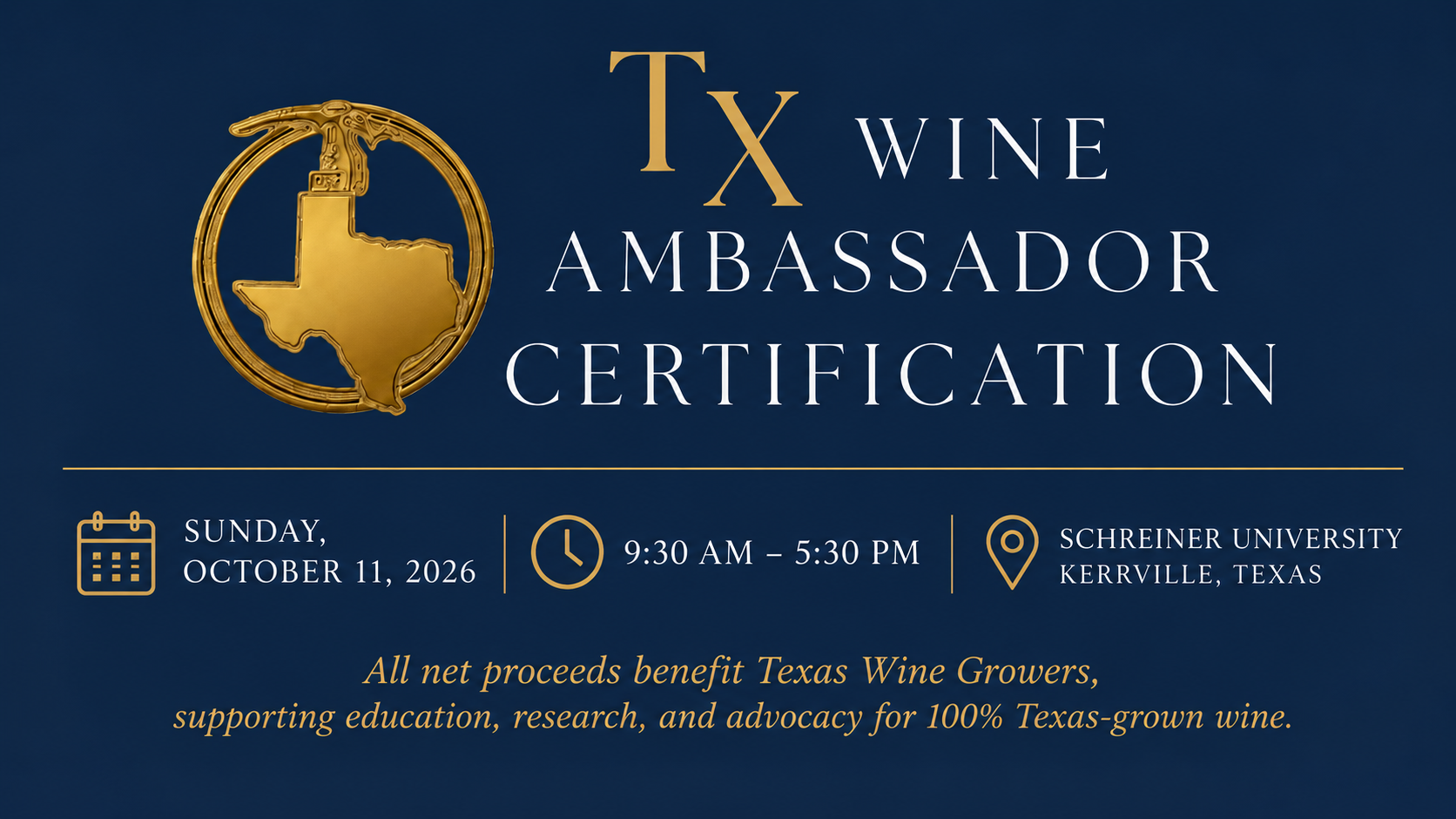 Texas Wine Ambassador Certification logo representing education and advocacy for wines made from 100% Texas-grown grapes.
