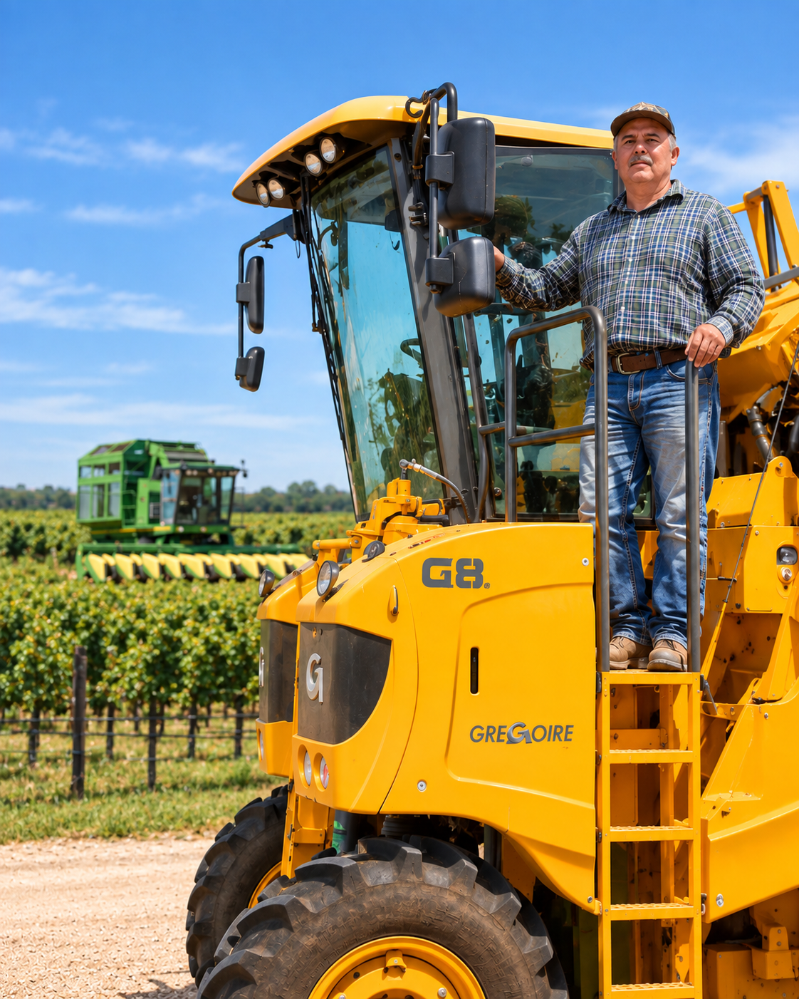 Armando Soto standing on vineyard harvesting equipment with Bingham Family Vineyards vines in the background.