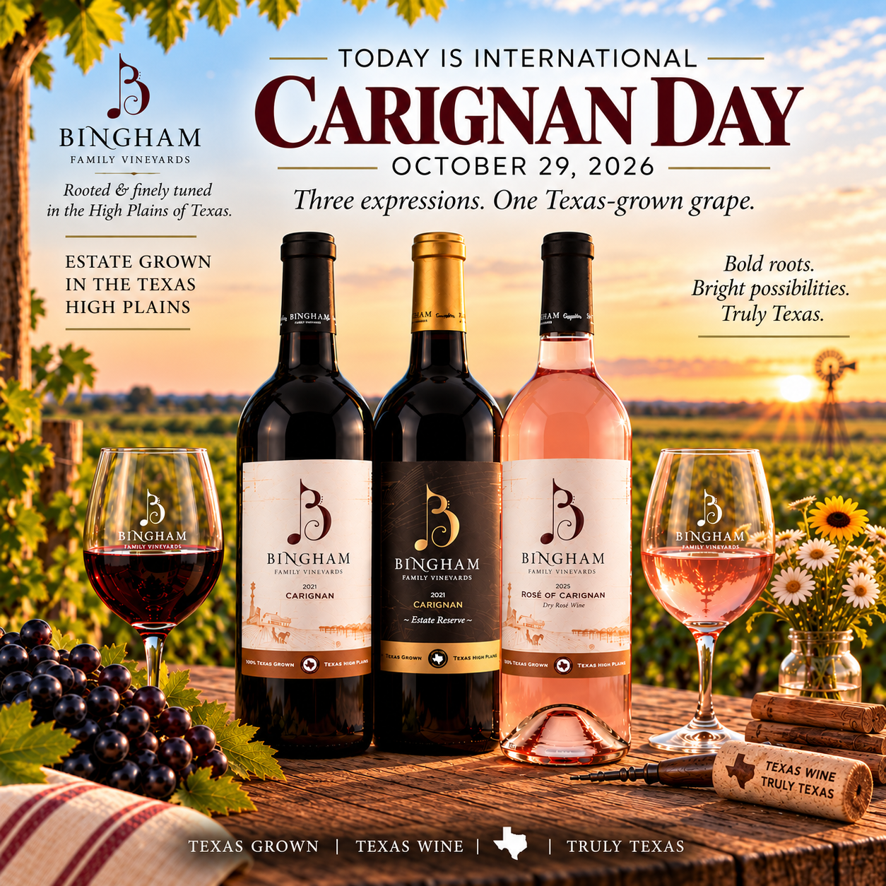 Three expressions of Bingham Family Vineyards estate-grown Carignan: 2021 Carignan, 2021 Reserve Carignan, and 2025 Rosé of Carignan, displayed on a rustic wooden table with glasses of red and rosé wine, grapes, and flowers overlooking a Texas High Plains vineyard. Promotional artwork celebrates International Carignan Day, October 29, 2026.