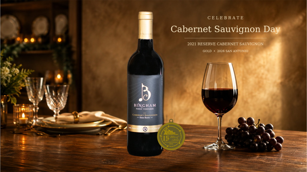 2021 Bingham Family Vineyards Reserve Cabernet Sauvignon with Gold Medal, wine glass and grapes for Cabernet Sauvignon Day