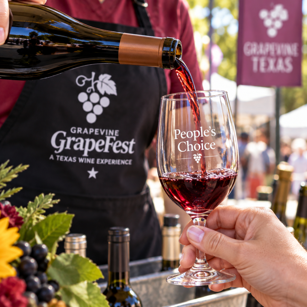 Red wine being poured into a People’s Choice tasting glass during GrapeFest in Grapevine, Texas.