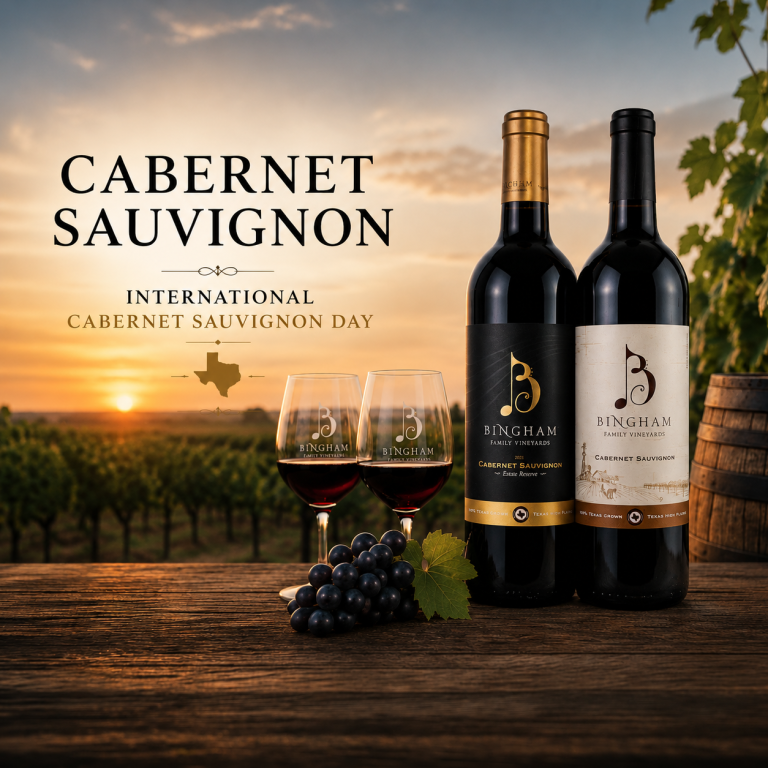 Bingham Family Vineyards Cabernet Sauvignon wines overlooking a Texas vineyard at sunset for International Cabernet Sauvignon Day.
