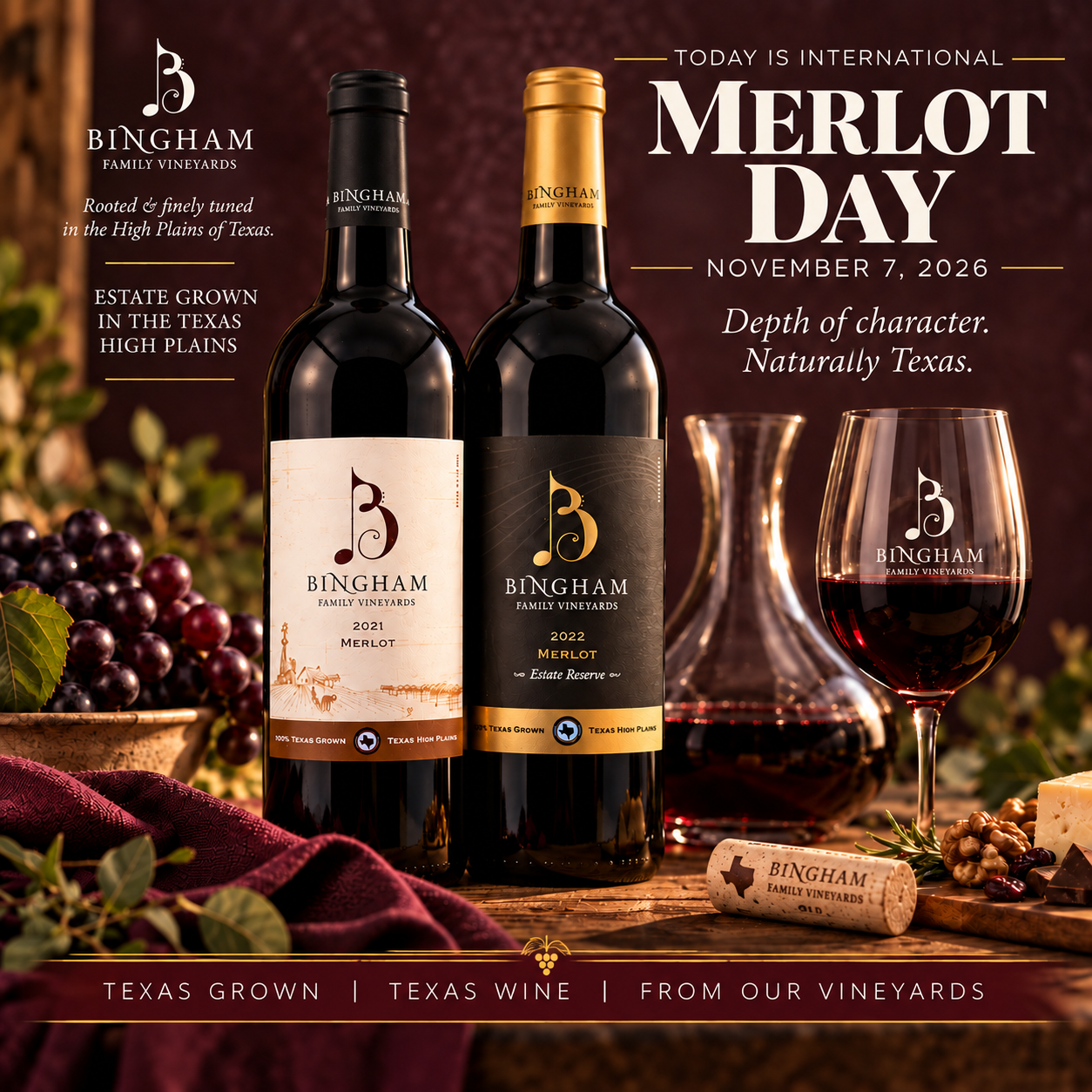 Bingham Family Vineyards 2021 Merlot and 2022 Estate Reserve Merlot with a wine glass and decanter, celebrating International Merlot Day on November 7, 2026.