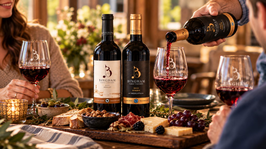 Guests tasting Bingham Family Vineyards 2021 Merlot and 2022 Estate Reserve Merlot at a charcuterie table as Reserve Merlot is poured into a wine glass.