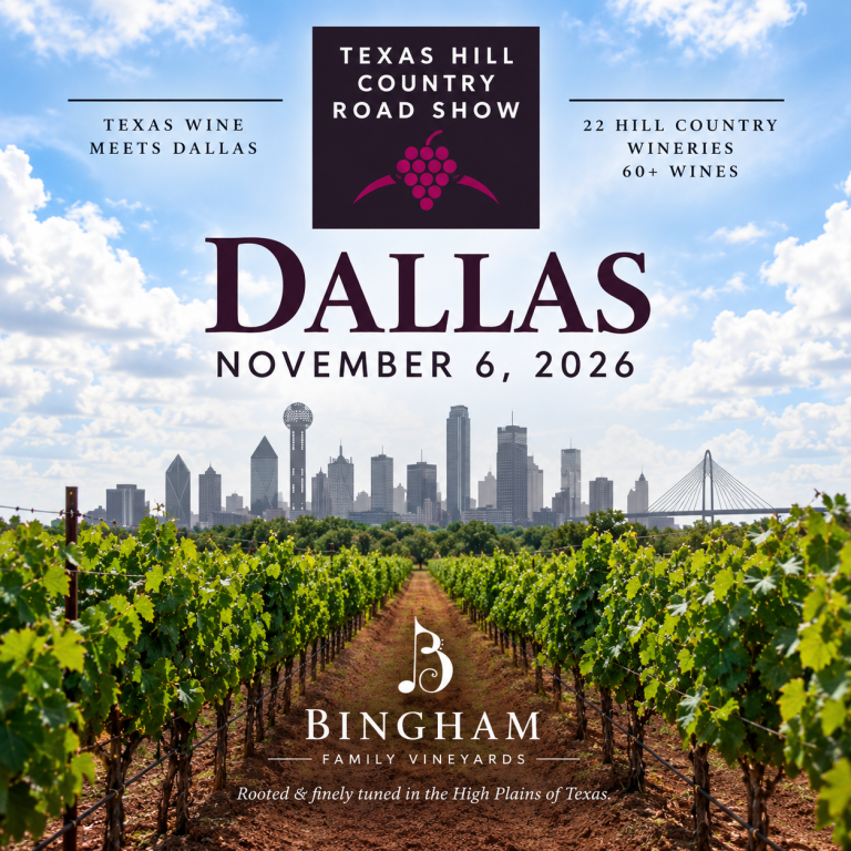 Texas Hill Country Road Show graphic with vineyard rows, Dallas skyline, and event details for November 6, 2026, at the Frontiers of Flight Museum.