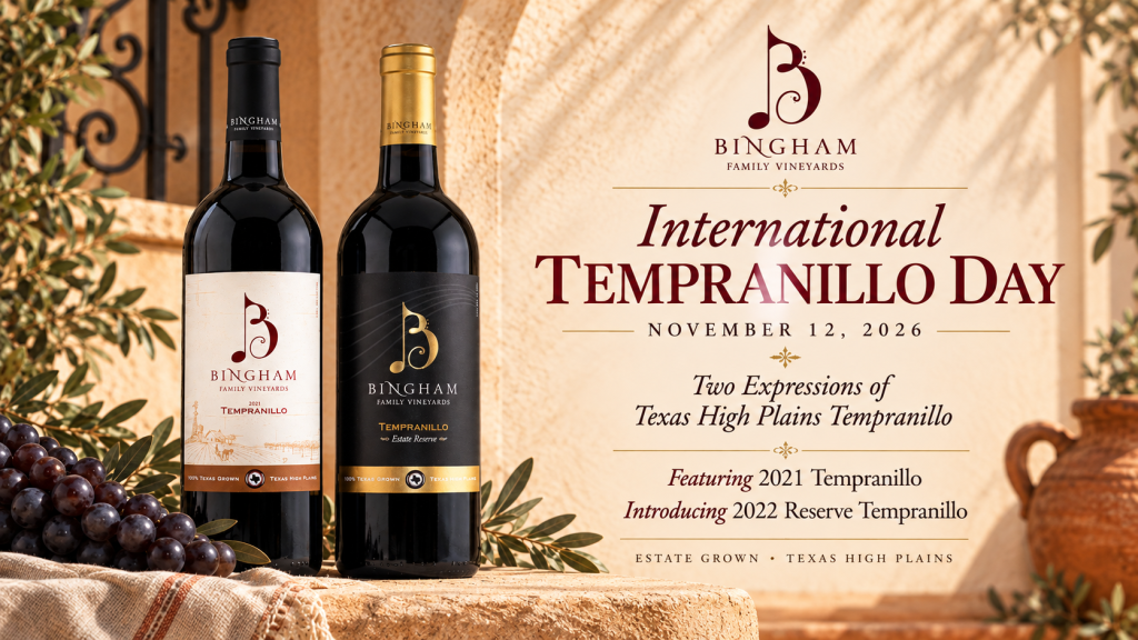 Bingham Family Vineyards 2021 Tempranillo and 2022 Reserve Tempranillo featured for International Tempranillo Day, November 12, 2026, against a warm Spanish-inspired stucco setting.