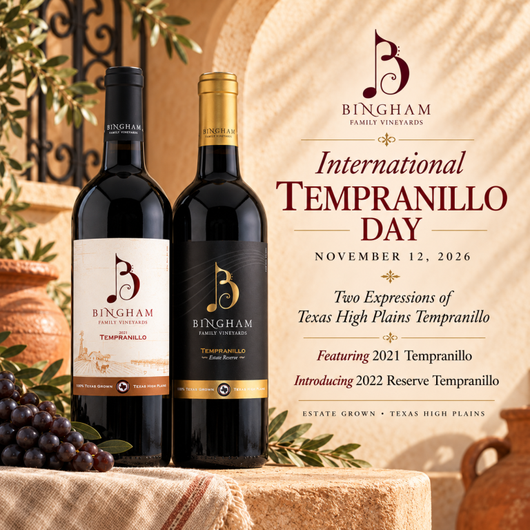 Bingham Family Vineyards 2021 Tempranillo and 2022 Reserve Tempranillo featured for International Tempranillo Day, November 12, 2026, against a warm Spanish-inspired stucco setting.