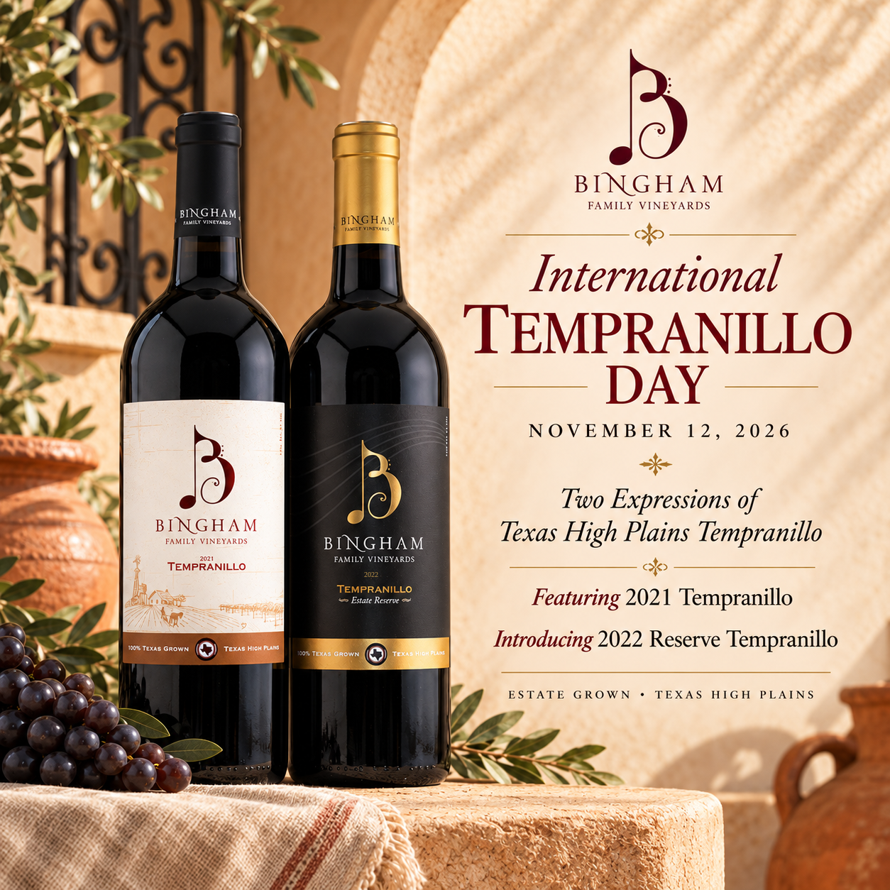 Bingham Family Vineyards 2021 Tempranillo and 2022 Reserve Tempranillo featured for International Tempranillo Day, November 12, 2026, against a warm Spanish-inspired stucco setting.